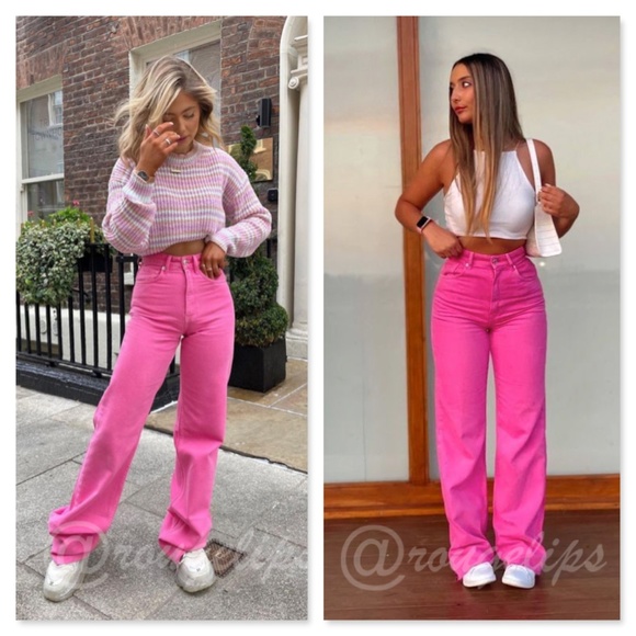 90s Style Pink Wide Leg Jeans High Waist Raw Hem - Picture 9 of 14